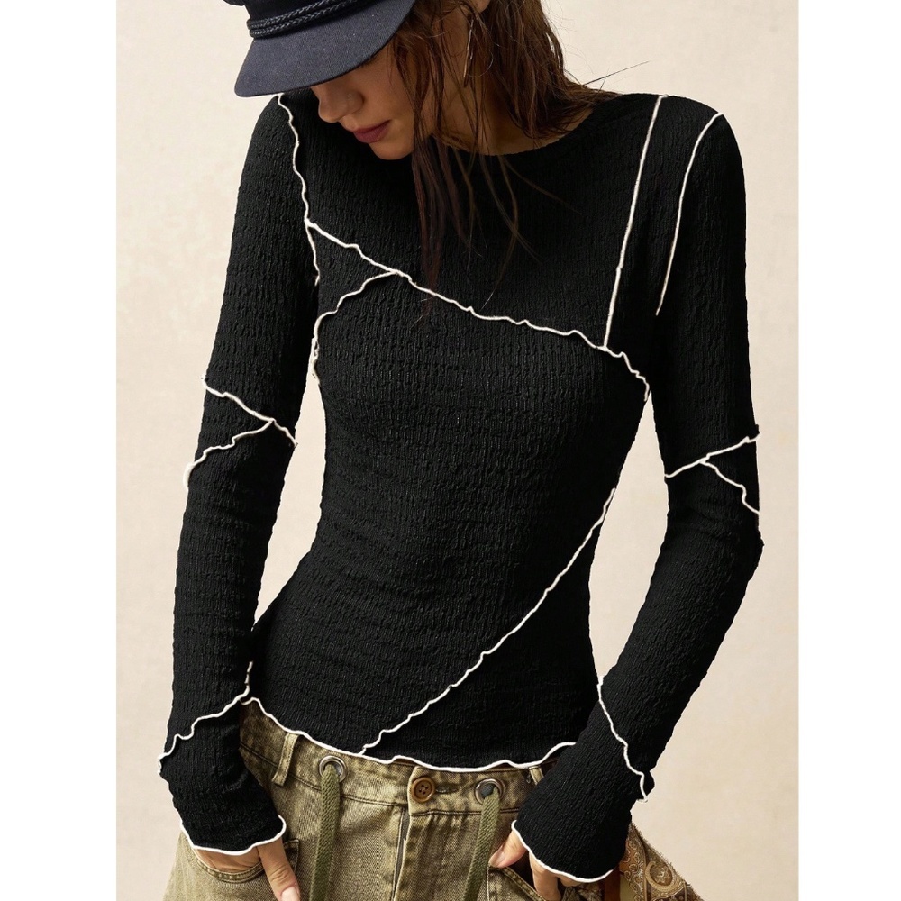 Black Long Sleeve Tee Contrast Outside Stitch Shirt